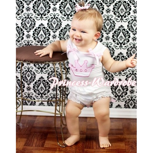 White Baby Pettitop Crown Print & Pink White Dot Bows with White Bloomer & Crown Print & Pink White Dot Bows LD101 
